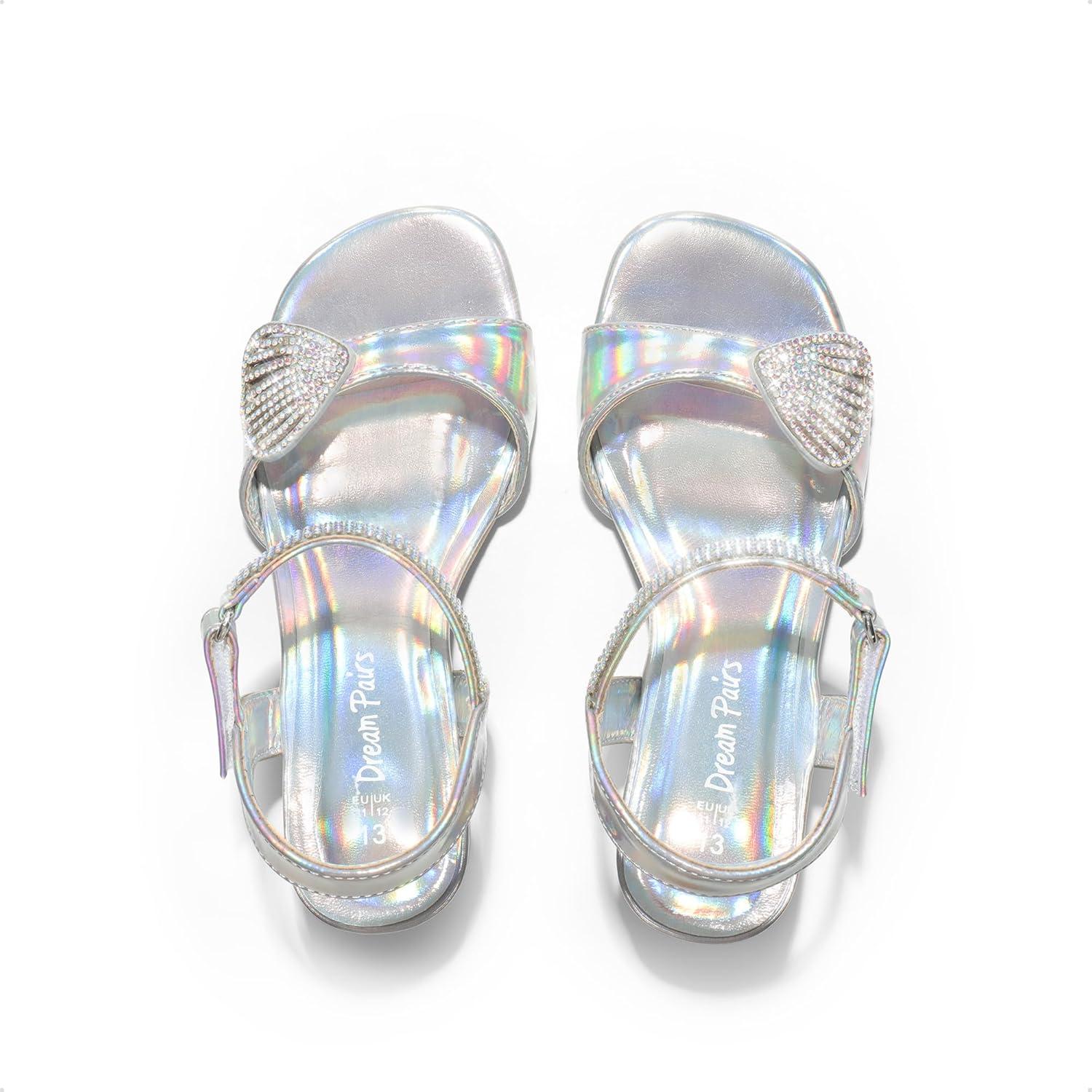 imageDREAM PAIRS Girls Sandals Ankle Strap Square Toe Low Heel Crystal Shell Wedding Party Flower Dress Shoes for Little KidsBig KidsRainbowSilver