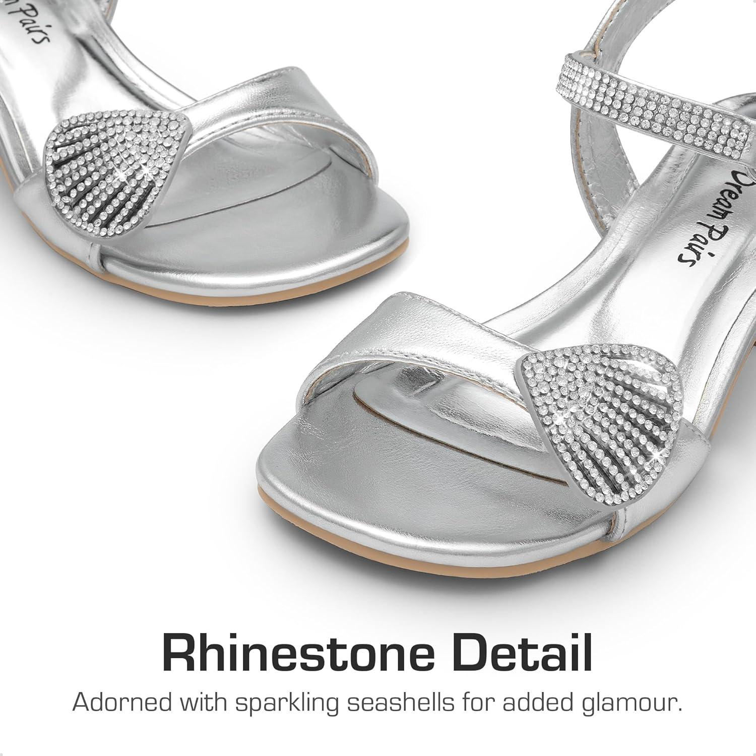 imageDREAM PAIRS Girls Sandals Ankle Strap Square Toe Low Heel Crystal Shell Wedding Party Flower Dress Shoes for Little KidsBig KidsSilver