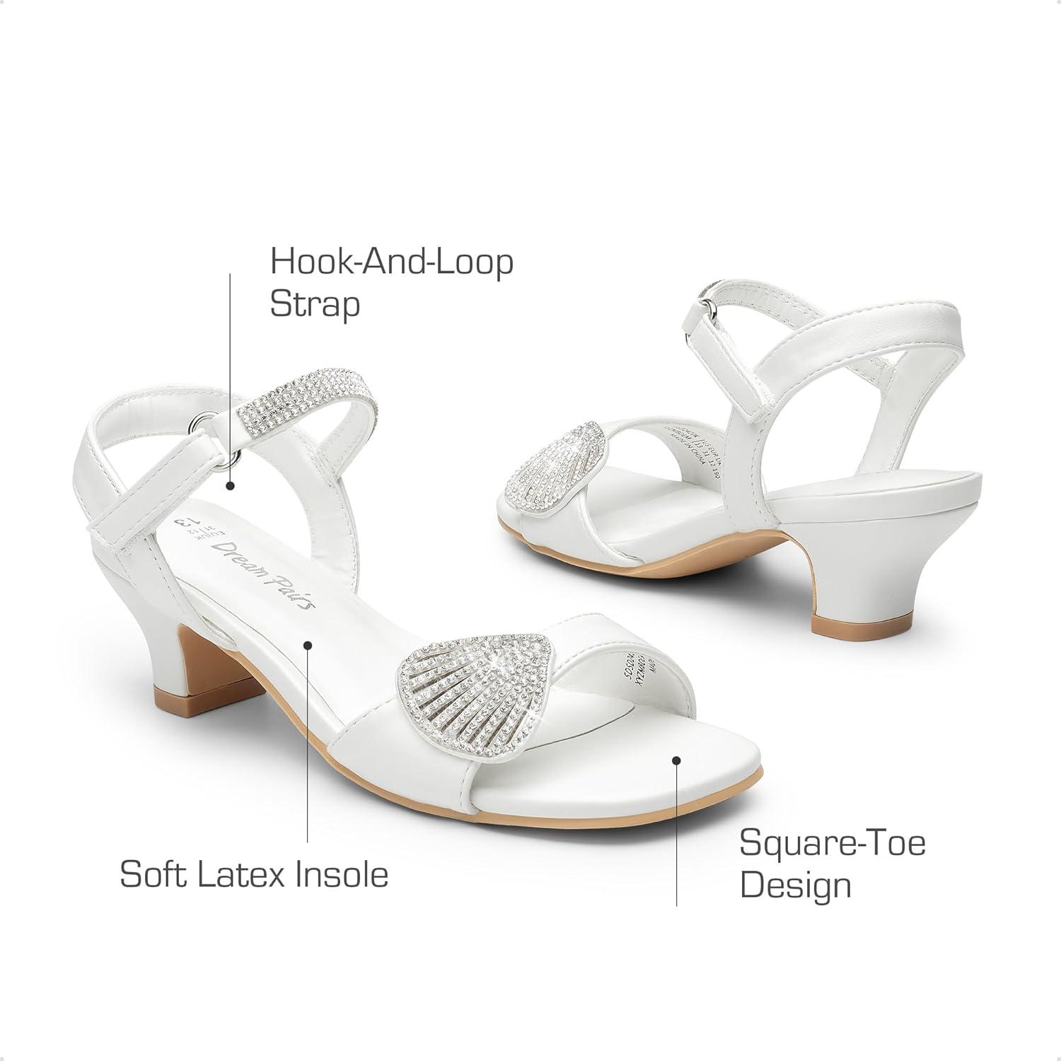 imageDREAM PAIRS Girls Sandals Ankle Strap Square Toe Low Heel Crystal Shell Wedding Party Flower Dress Shoes for Little KidsBig KidsWhite