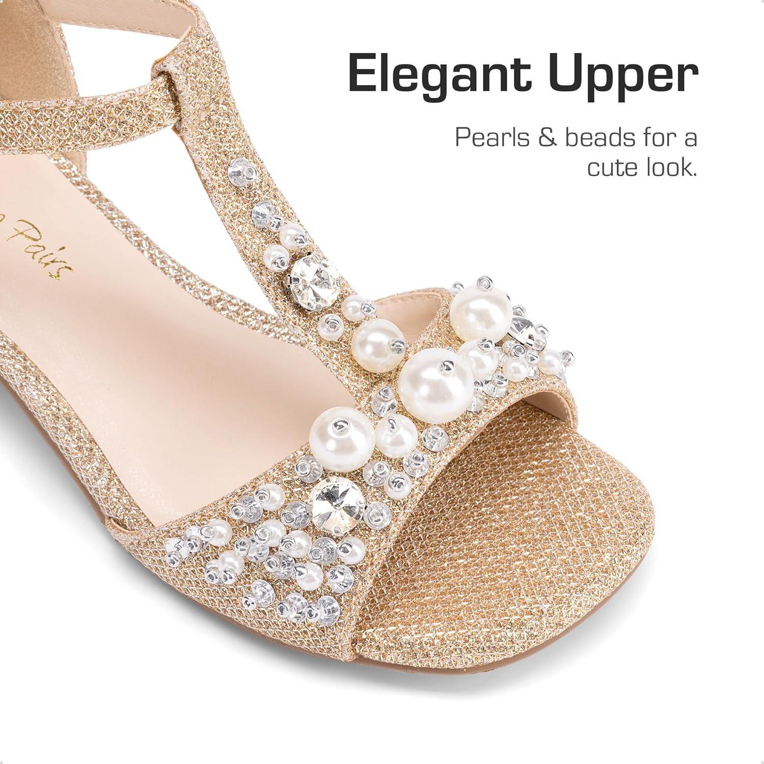 imageDREAM PAIRS Girls Sandals Ankle Strap TStrap Low Heel Pearl Bow Flower Pump Dress Wedding Party Shoes for Little KidBig KidGold