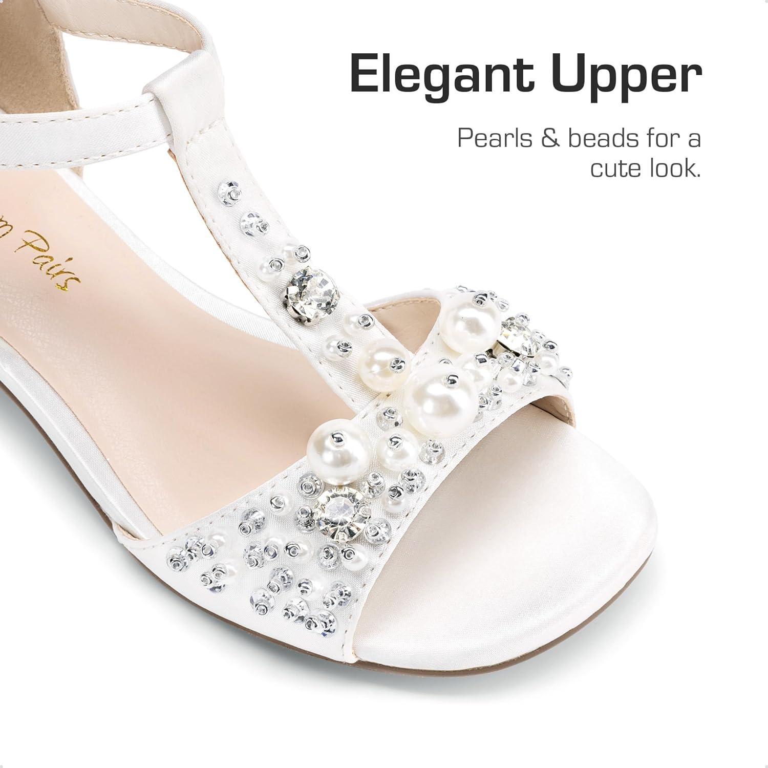 imageDREAM PAIRS Girls Sandals Ankle Strap TStrap Low Heel Pearl Bow Flower Pump Dress Wedding Party Shoes for Little KidBig KidIvory