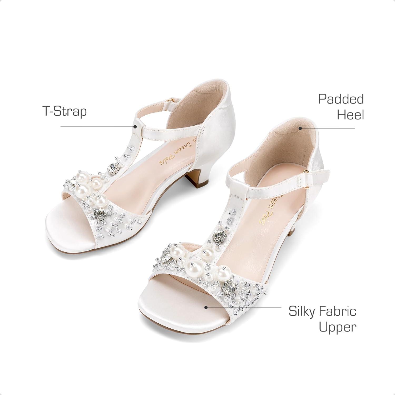 imageDREAM PAIRS Girls Sandals Ankle Strap TStrap Low Heel Pearl Bow Flower Pump Dress Wedding Party Shoes for Little KidBig KidIvory