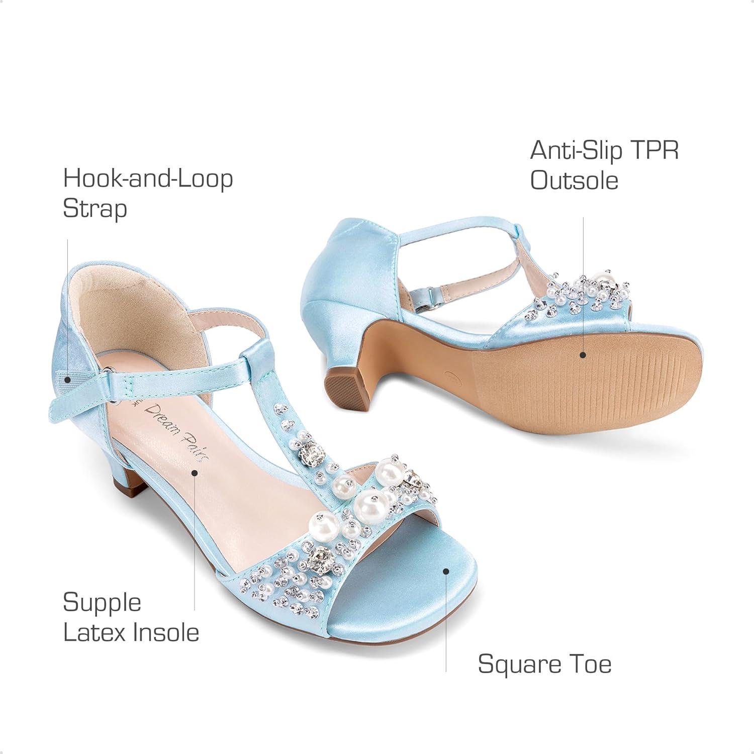 imageDREAM PAIRS Girls Sandals Ankle Strap TStrap Low Heel Pearl Bow Flower Pump Dress Wedding Party Shoes for Little KidBig KidLight Blue