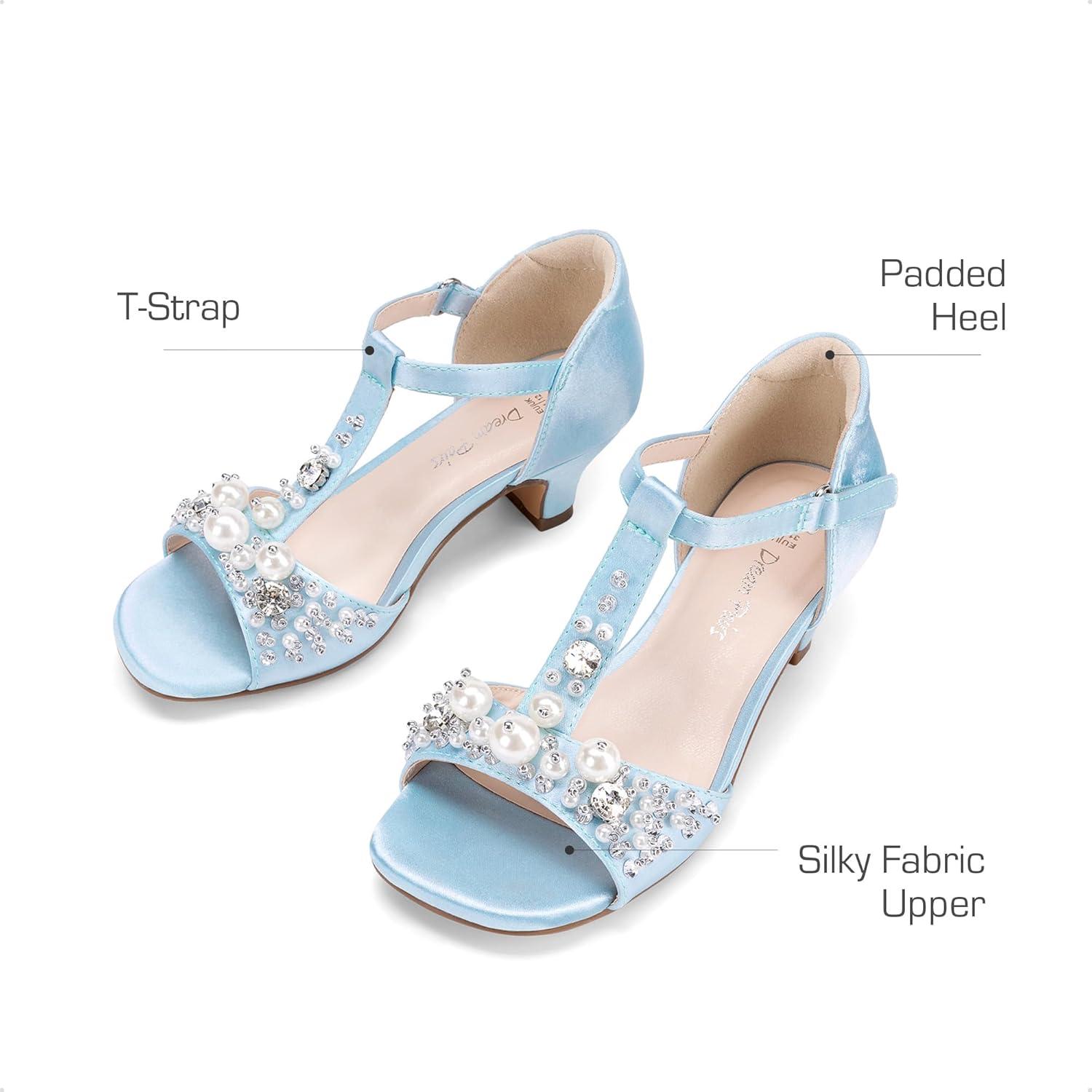 imageDREAM PAIRS Girls Sandals Ankle Strap TStrap Low Heel Pearl Bow Flower Pump Dress Wedding Party Shoes for Little KidBig KidLight Blue