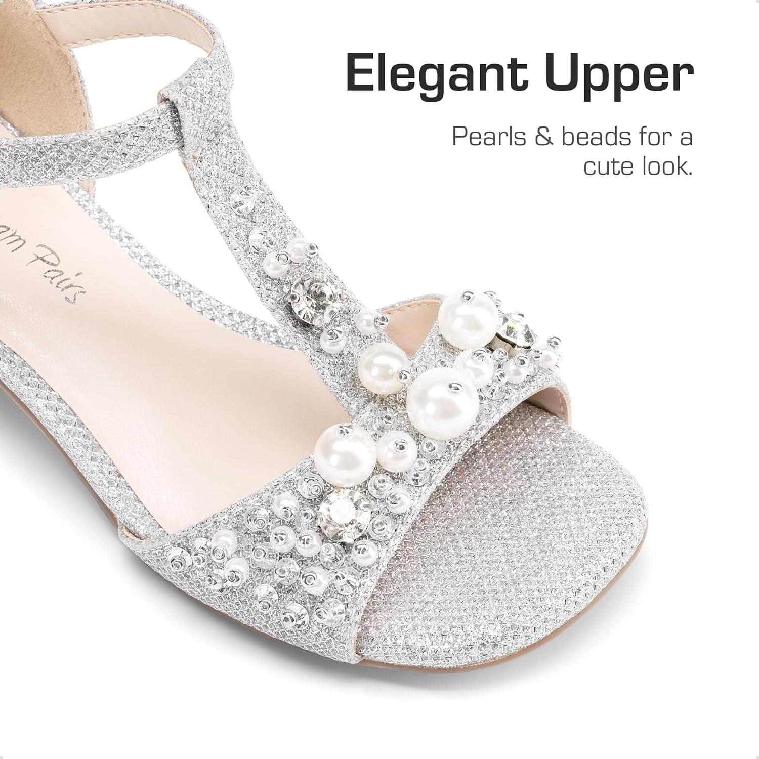 imageDREAM PAIRS Girls Sandals Ankle Strap TStrap Low Heel Pearl Bow Flower Pump Dress Wedding Party Shoes for Little KidBig KidSilver