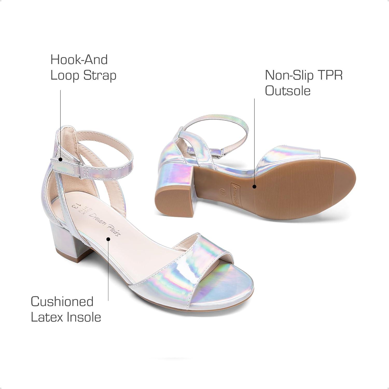 imageDREAM PAIRS Girls Sandals Chunky Pump Ankle Strap High Heels Dress Open Toe Flower Wedding Party for Little Big KidSilvermetallic