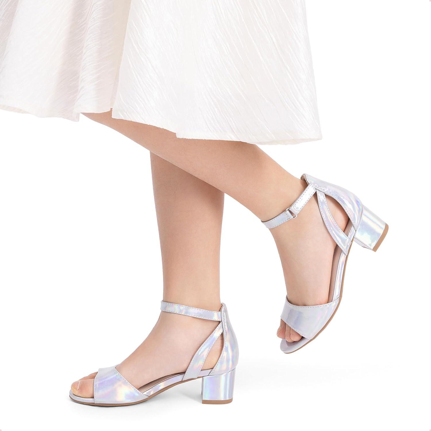 imageDREAM PAIRS Girls Sandals Chunky Pump Ankle Strap High Heels Dress Open Toe Flower Wedding Party for Little Big KidSilvermetallic