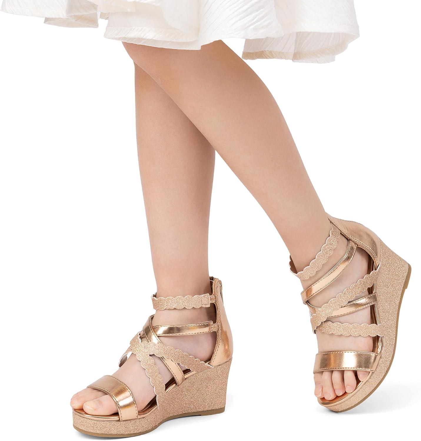 imageDREAM PAIRS Girls Wedge Sandals Flatform Open Toe Platform Sandals Espadrille Flower Wedding Party for Little KidBig KidChampagneglitter