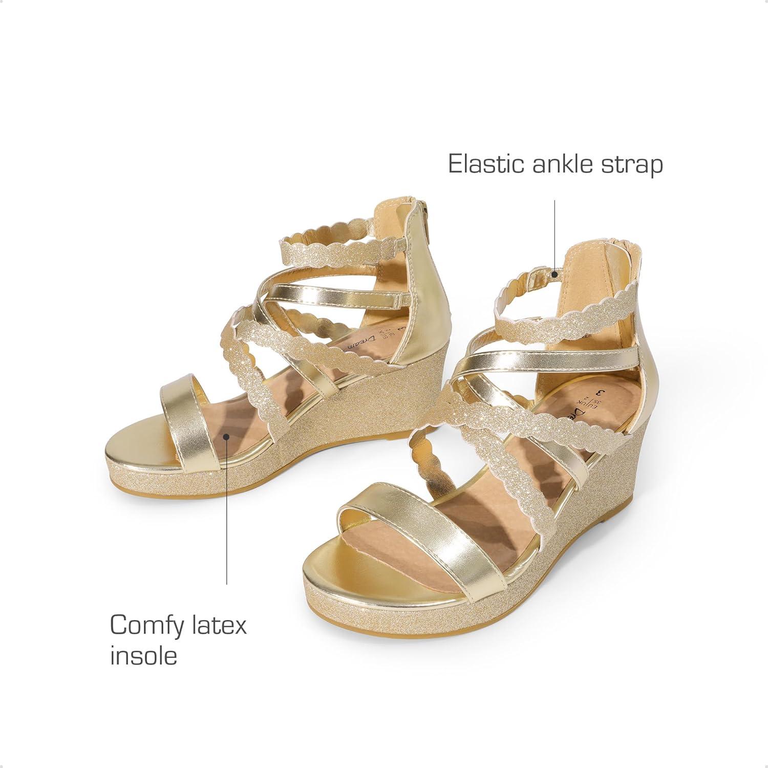 imageDREAM PAIRS Girls Wedge Sandals Flatform Open Toe Platform Sandals Espadrille Flower Wedding Party for Little KidBig KidGoldglitter