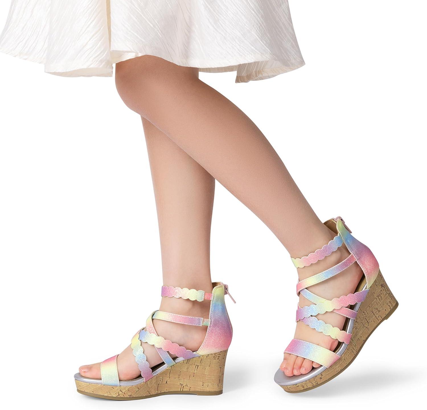 imageDREAM PAIRS Girls Wedge Sandals Flatform Open Toe Platform Sandals Espadrille Flower Wedding Party for Little KidBig KidRainbow