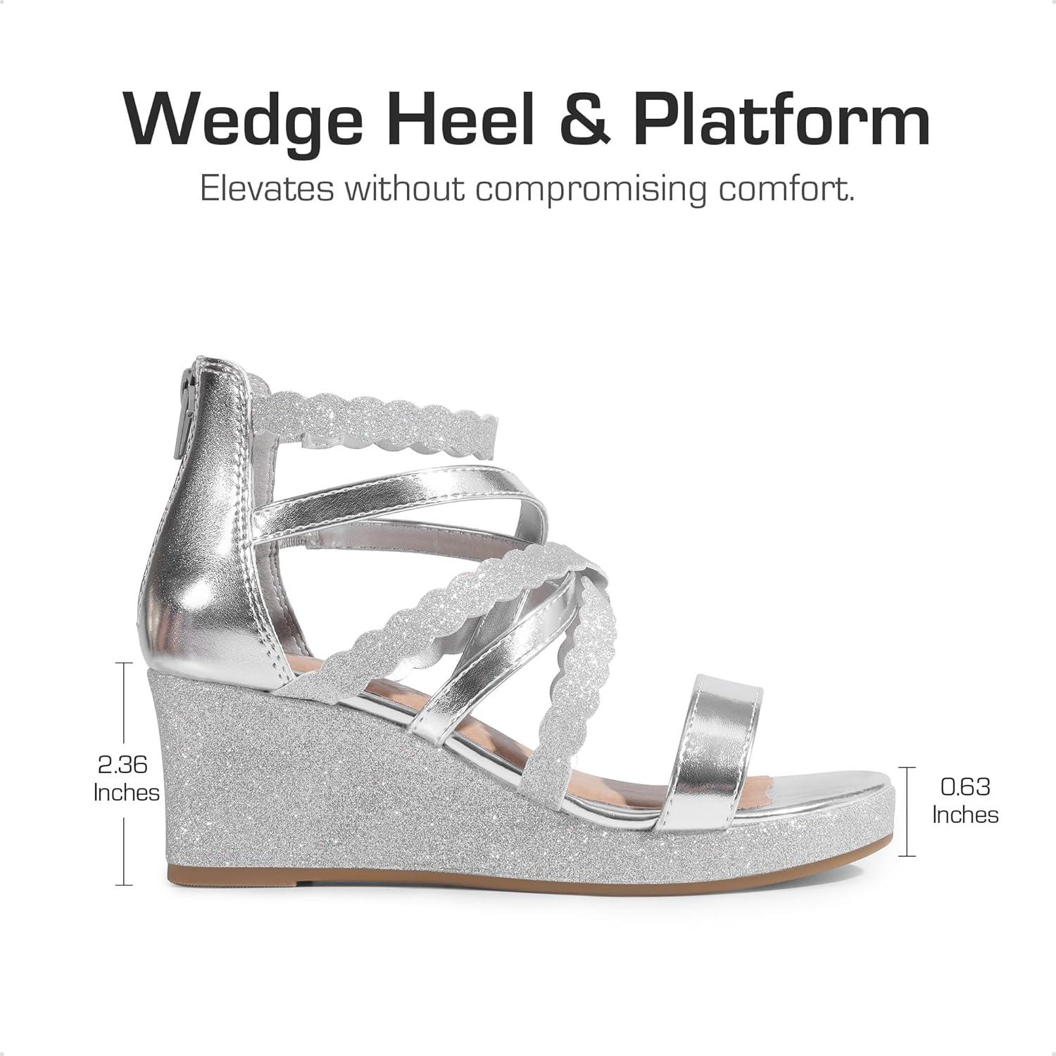 imageDREAM PAIRS Girls Wedge Sandals Flatform Open Toe Platform Sandals Espadrille Flower Wedding Party for Little KidBig KidSilverglitter