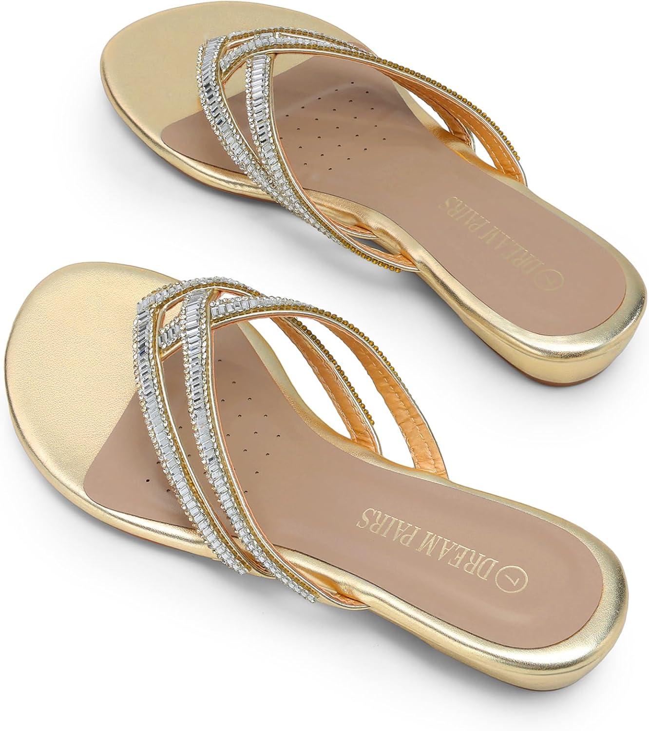 imageDREAM PAIRS Womens Fashion Rhinestones Design Slides SandalsGold