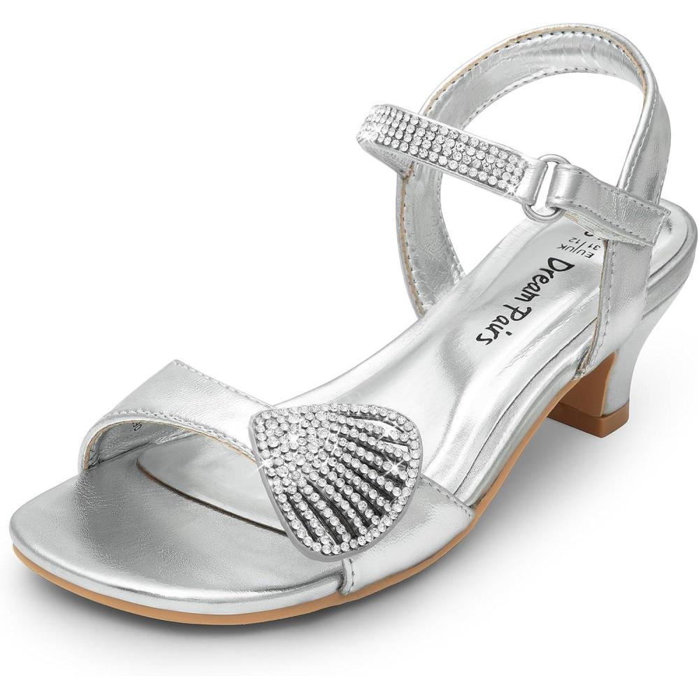 imageDREAM PAIRS Girls Sandals Ankle Strap Square Toe Low Heel Crystal Shell Wedding Party Flower Dress Shoes for Little KidsBig KidsSilver