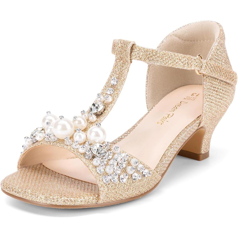 imageDREAM PAIRS Girls Sandals Ankle Strap TStrap Low Heel Pearl Bow Flower Pump Dress Wedding Party Shoes for Little KidBig KidGold