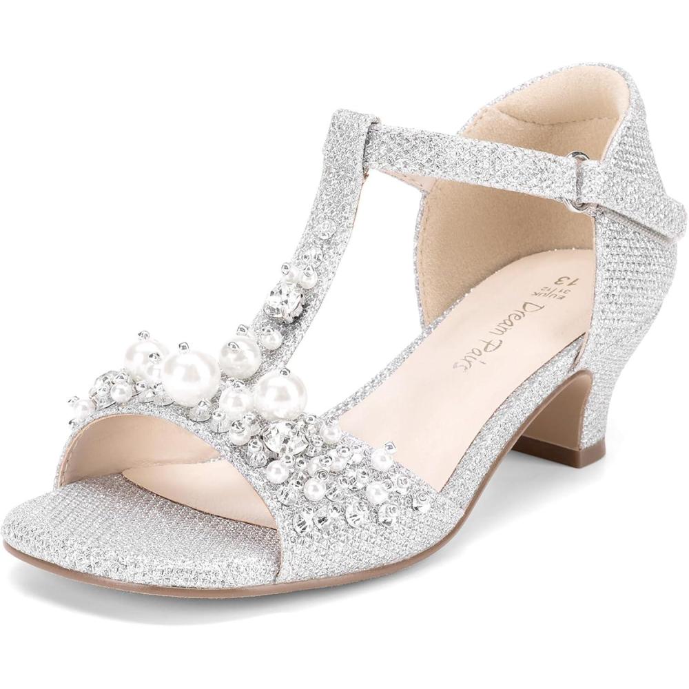 imageDREAM PAIRS Girls Sandals Ankle Strap TStrap Low Heel Pearl Bow Flower Pump Dress Wedding Party Shoes for Little KidBig KidSilver