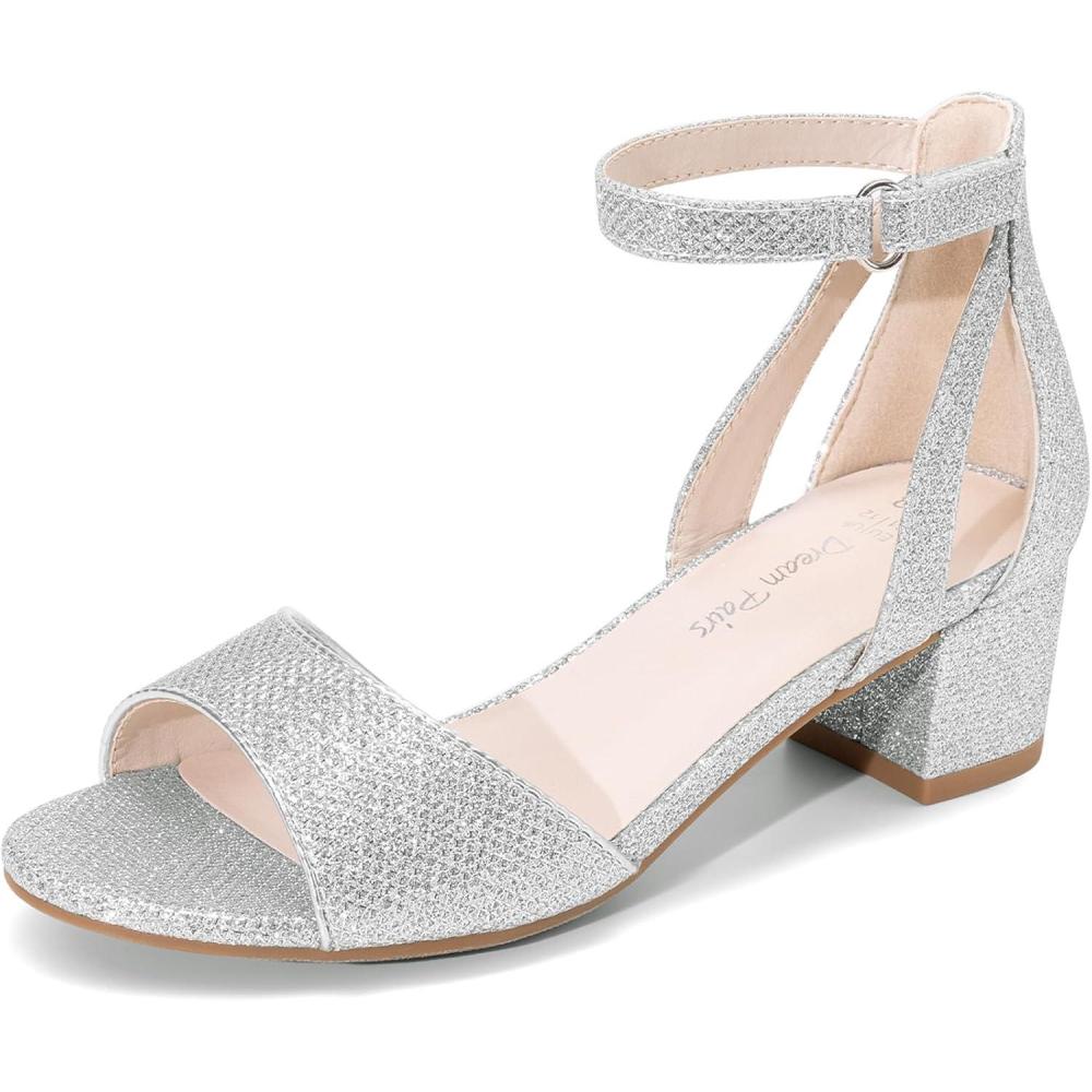 imageDREAM PAIRS Girls Sandals Chunky Pump Ankle Strap High Heels Dress Open Toe Flower Wedding Party for Little Big KidSilverglitter