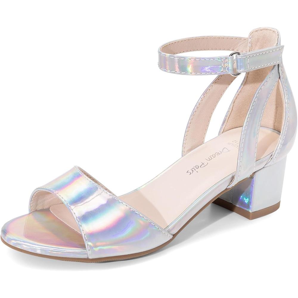 imageDREAM PAIRS Girls Sandals Chunky Pump Ankle Strap High Heels Dress Open Toe Flower Wedding Party for Little Big KidSilvermetallic