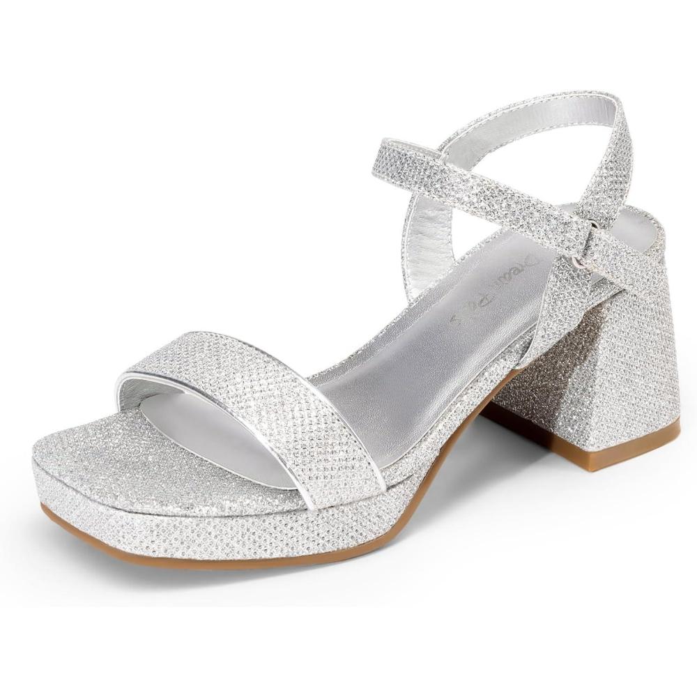 imageDREAM PAIRS Girls Sandals Open Toe Low Block Chunky Heels Sandals Party Dress Pumps Shoes for Little Big KidSilverglitter