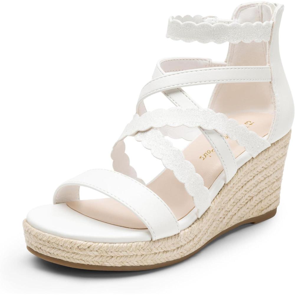 imageDREAM PAIRS Girls Wedge Sandals Flatform Open Toe Platform Sandals Espadrille Flower Wedding Party for Little KidBig KidAll White