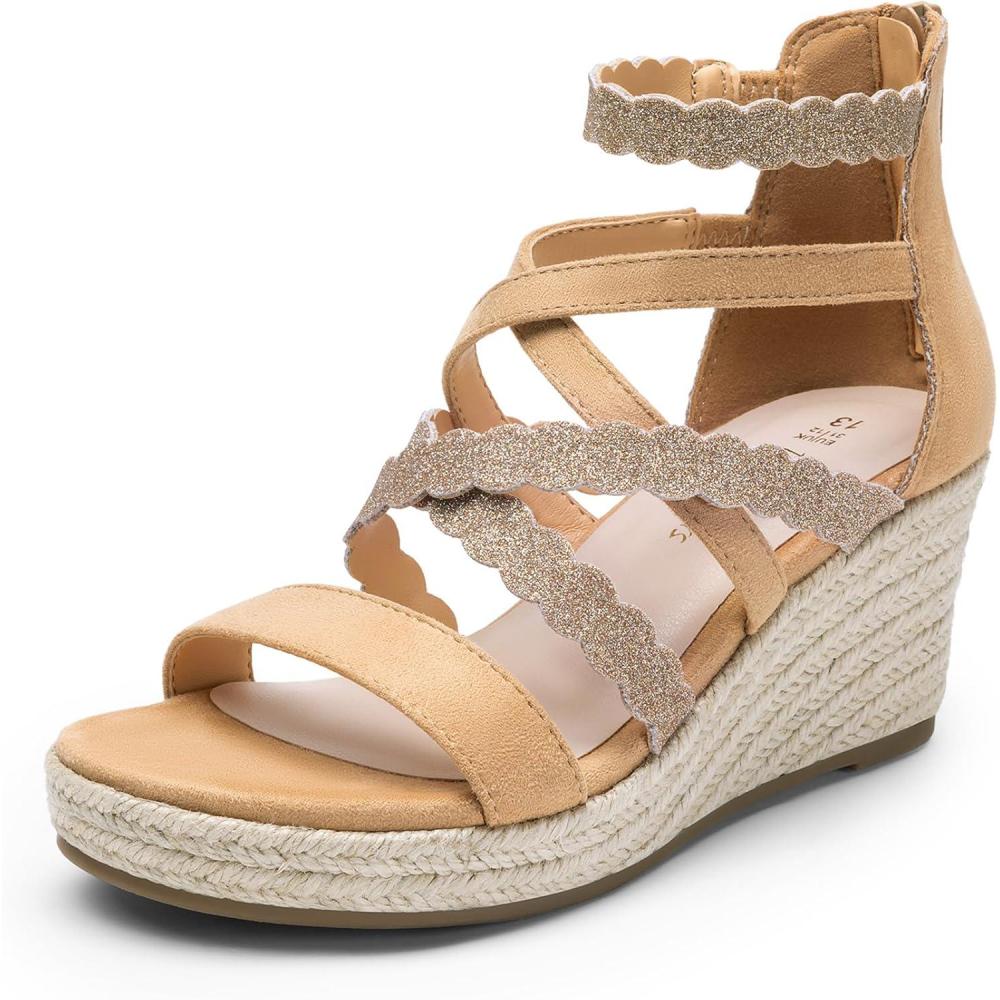 imageDREAM PAIRS Girls Wedge Sandals Flatform Open Toe Platform Sandals Espadrille Flower Wedding Party for Little KidBig KidCamel