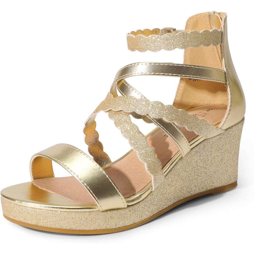 imageDREAM PAIRS Girls Wedge Sandals Flatform Open Toe Platform Sandals Espadrille Flower Wedding Party for Little KidBig KidGoldglitter