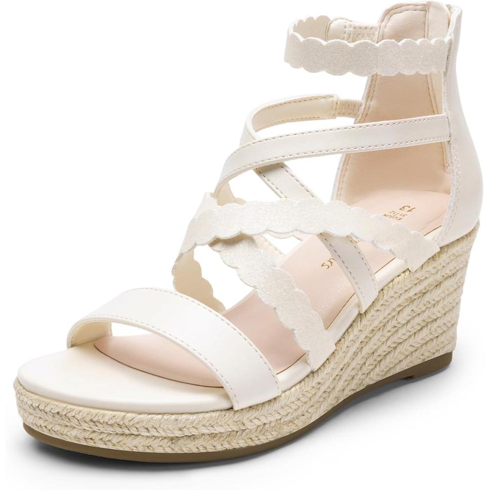imageDREAM PAIRS Girls Wedge Sandals Flatform Open Toe Platform Sandals Espadrille Flower Wedding Party for Little KidBig KidIvory