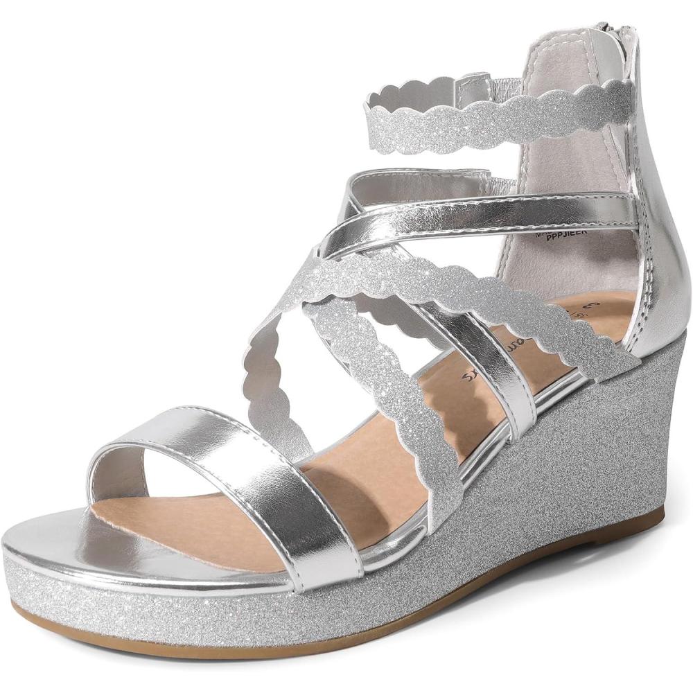 imageDREAM PAIRS Girls Wedge Sandals Flatform Open Toe Platform Sandals Espadrille Flower Wedding Party for Little KidBig KidSilverglitter