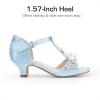imageDREAM PAIRS Girls Sandals Ankle Strap TStrap Low Heel Pearl Bow Flower Pump Dress Wedding Party Shoes for Little KidBig KidLight Blue