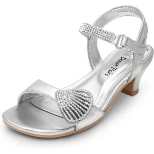 imageDREAM PAIRS Girls Sandals Ankle Strap Square Toe Low Heel Crystal Shell Wedding Party Flower Dress Shoes for Little KidsBig KidsSilver