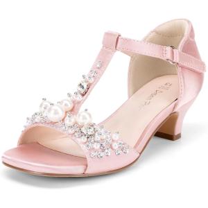 imageDREAM PAIRS Girls Sandals Ankle Strap TStrap Low Heel Pearl Bow Flower Pump Dress Wedding Party Shoes for Little KidBig KidPink