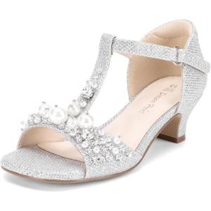 imageDREAM PAIRS Girls Sandals Ankle Strap TStrap Low Heel Pearl Bow Flower Pump Dress Wedding Party Shoes for Little KidBig KidSilver