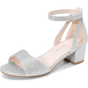 imageDREAM PAIRS Girls Sandals Chunky Pump Ankle Strap High Heels Dress Open Toe Flower Wedding Party for Little Big KidSilverglitter