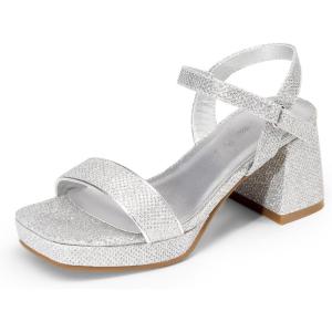 imageDREAM PAIRS Girls Sandals Open Toe Low Block Chunky Heels Sandals Party Dress Pumps Shoes for Little Big KidSilverglitter