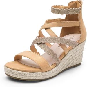 imageDREAM PAIRS Girls Wedge Sandals Flatform Open Toe Platform Sandals Espadrille Flower Wedding Party for Little KidBig KidCamel