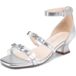 imageDREAM PAIRS Girls Sandals Low Heel Dress Pump Ankle Strap Two Strapped Bow Flower Wedding Party Shoes for Little KidBig KidSilver