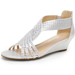 imageDREAM PAIRS Womens Open Toe Low Wedges Sandals Sparkly Rhinestone Strappy Zipper Weeding Dressy Elegant Summer Shoes for LadySilver