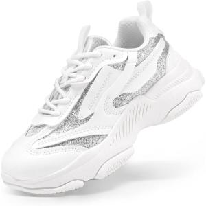 imageDREAM PAIRS Kids Girls Sneakers Jelly Sole Lace up Shoes Lightweight Walking Shoes for Girls BoysWhiteSilver