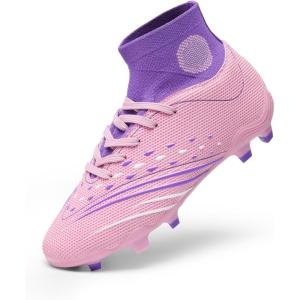 imageDREAM PAIRS Boys Girls Football Cleats Youth Firm Groud Outdoor Trainning Athletic Sport High Top Soccer Shoes for LittleBig KidPinkPurple