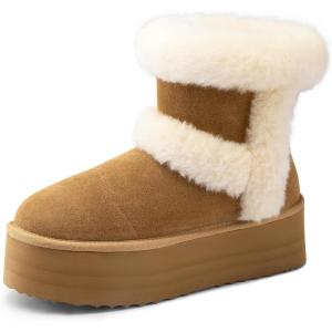 imageDREAM PAIRS Winter Platform Fur Boots for Women Genuine Suede Faux Fur Snow Booties Classic Warm SlipOn Memory Foam Comfort FuzzyChic Plush Platform Ankle BootsChestnut