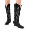imageDREAM PAIRS Womens Cowboy Knee High Boots Comfortable Pull On Side Zipper Chunky Heel Embroidered Western Cowgirl Boots Retro Tall BootBlack