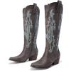 imageDREAM PAIRS Womens Cowboy Knee High Boots Comfortable Pull On Side Zipper Chunky Heel Embroidered Western Cowgirl Boots Retro Tall BootBrown