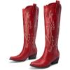 imageDREAM PAIRS Womens Cowboy Knee High Boots Comfortable Pull On Side Zipper Chunky Heel Embroidered Western Cowgirl Boots Retro Tall BootRed