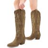 imageDREAM PAIRS Womens Cowboy Knee High Boots Comfortable Pull On Side Zipper Chunky Heel Embroidered Western Cowgirl Boots Retro Tall BootTan