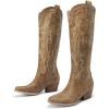 imageDREAM PAIRS Womens Cowboy Knee High Boots Comfortable Pull On Side Zipper Chunky Heel Embroidered Western Cowgirl Boots Retro Tall BootTan