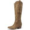 imageDREAM PAIRS Womens Cowboy Knee High Boots Comfortable Pull On Side Zipper Chunky Heel Embroidered Western Cowgirl Boots Retro Tall BootTan