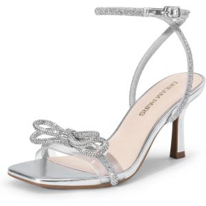 imageDREAM PAIRS Womens Double Bowknots Heels Open Square Toe Ankle Strap Crystal Rhinestone Dress Sandals for Party WeddingSilverpu