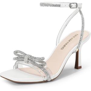 imageDREAM PAIRS Womens Double Bowknots Heels Open Square Toe Ankle Strap Crystal Rhinestone Dress Sandals for Party WeddingWhitepu