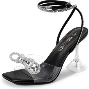 imageDREAM PAIRS Stiletto Bow Heels for Women Strappy Sparkly Rhinestone Square Toe Clear Crystal High Sandals for Party WeddingBlackpu