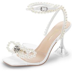 imageDREAM PAIRS Stiletto Bow Heels for Women Strappy Sparkly Rhinestone Square Toe Clear Crystal High Sandals for Party WeddingWhitepearl