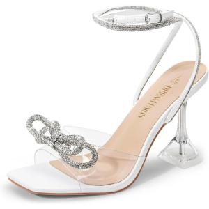 imageDREAM PAIRS Stiletto Bow Heels for Women Strappy Sparkly Rhinestone Square Toe Clear Crystal High Sandals for Party WeddingWhitepu